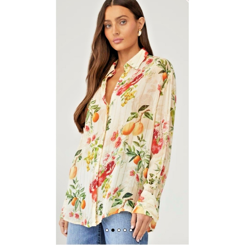 ROCOCO SAND Women‎ Size Large Katy Blouse Beige Green Floral Button Down
